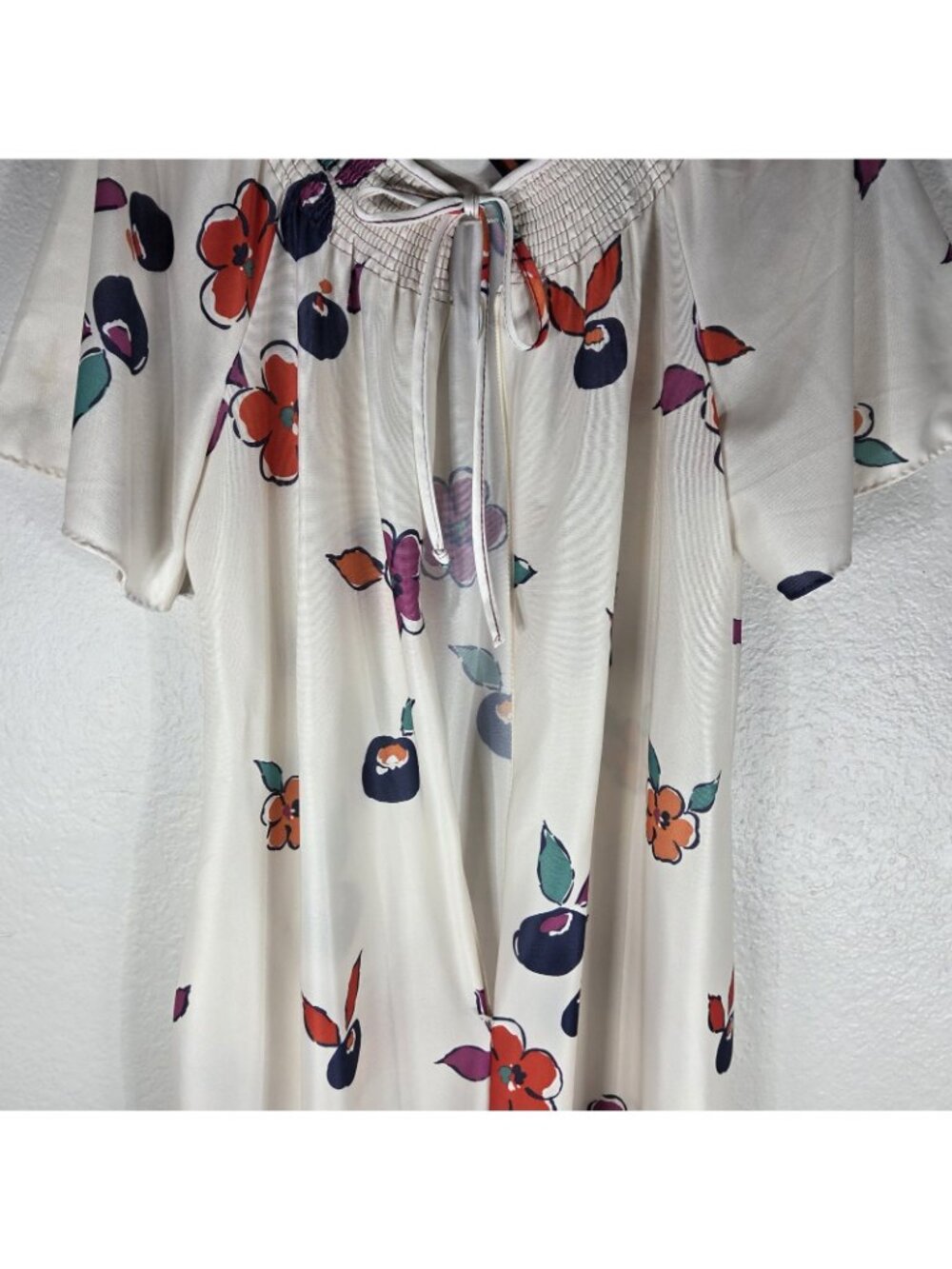 Vintage Granada Maxi Dress Smocked Size M White Floral Short Sleeve Zip Front - Picture 11 of 16